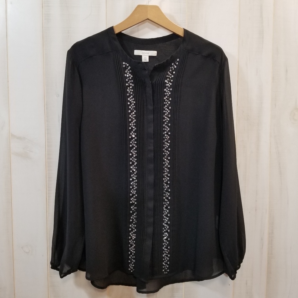 Sejour Black Pleated Front Blouse Jeweled Size 14
